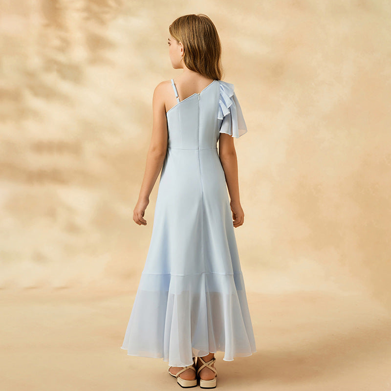 Custom-made european-style chiffon sundress for girls, perfect for export. this flowy and fresh dress features a minimalist design with short sleeves