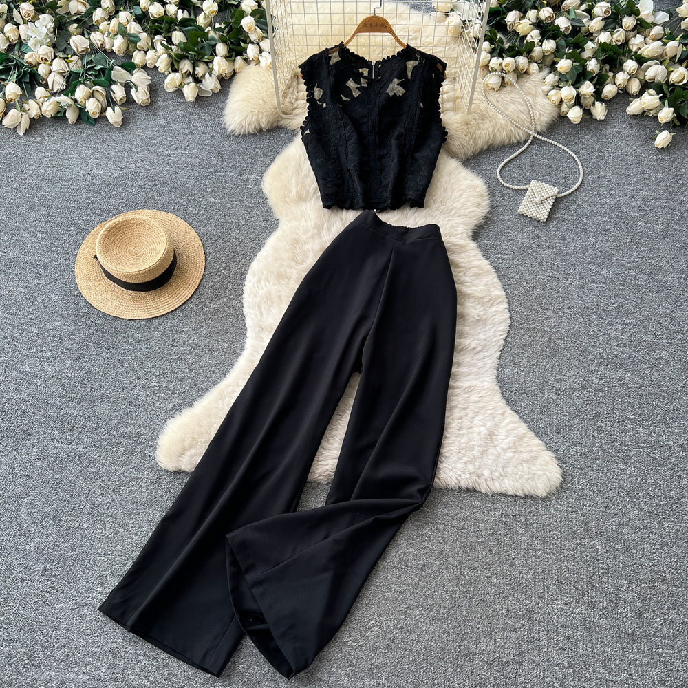 Light mature style classy sense lace vest high waistloose pantstwo-piece set women's summerwork clothingslimming looksuit