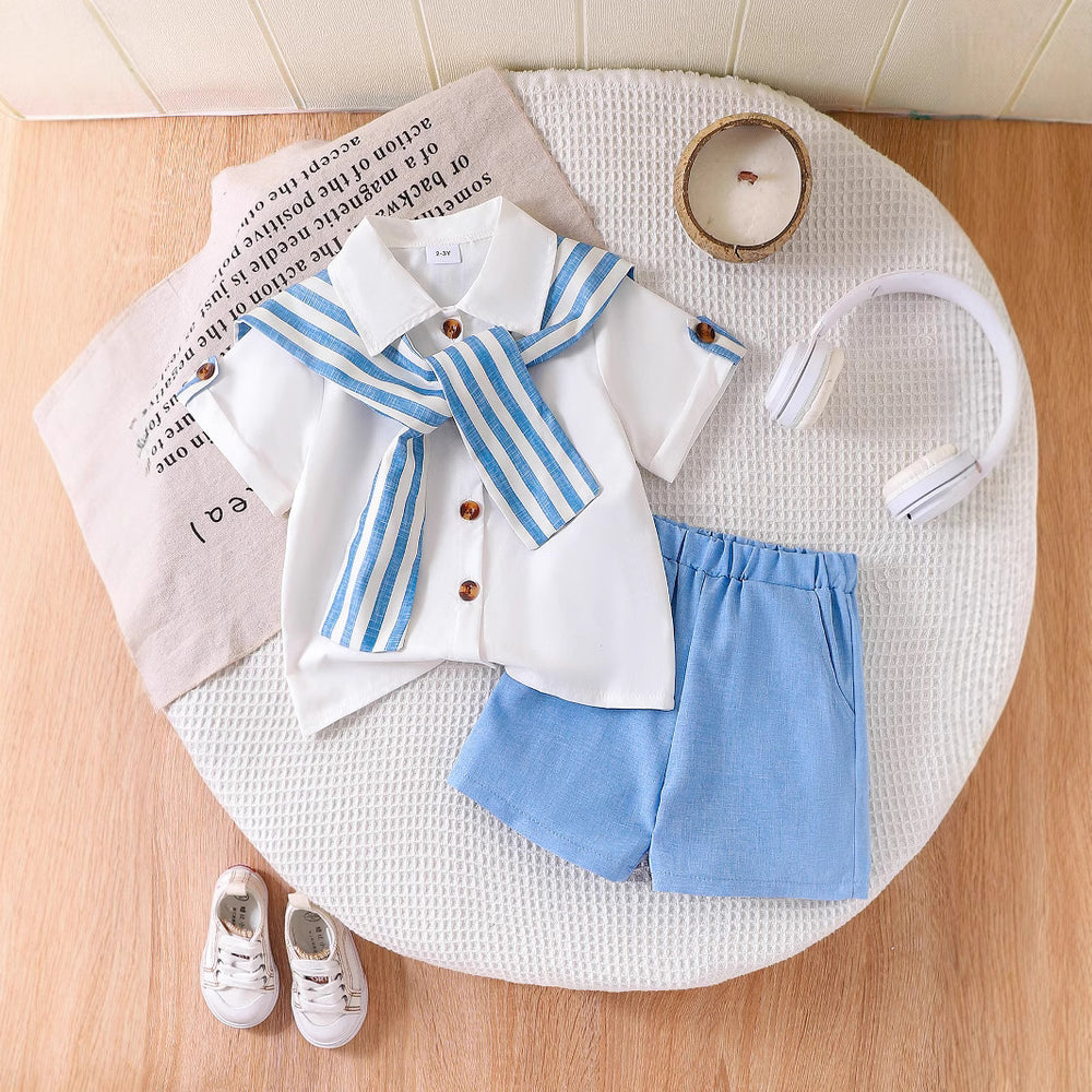 fashion summer new girlssuitpreppy style striped shawl off-white shirt shorts two-piece set