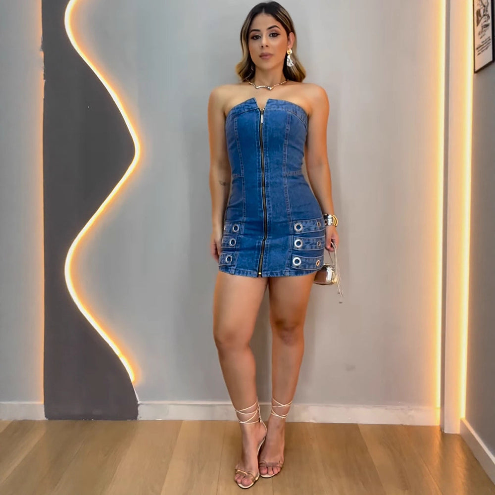European and american style denim dress -  cross-border women's fashion - sexy bandeau off-the-shoulder metal studded denim mini skirt