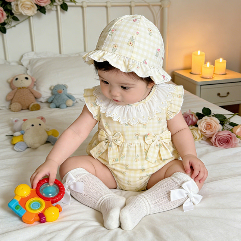 Newborn baby summer clothes - lightweight, pastoral style girl's romper - summer full month celebration bow princess bodysuit