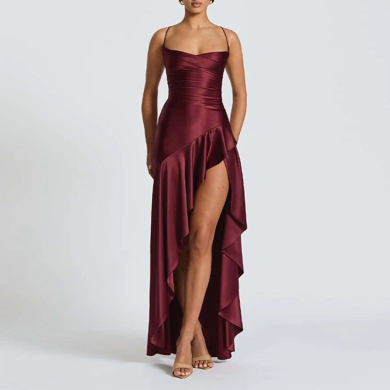 summer new women's fashion: cross-border european and american style elegant solid color ruffle hem asymmetrical dress