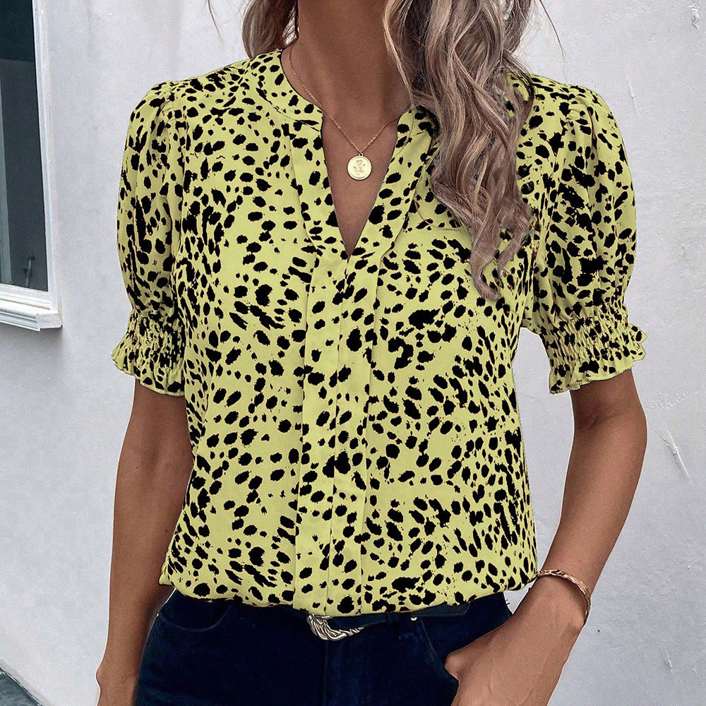 women's  v-neck floral print shirred short sleeve chiffon shirt - bohemian style, relaxed fit