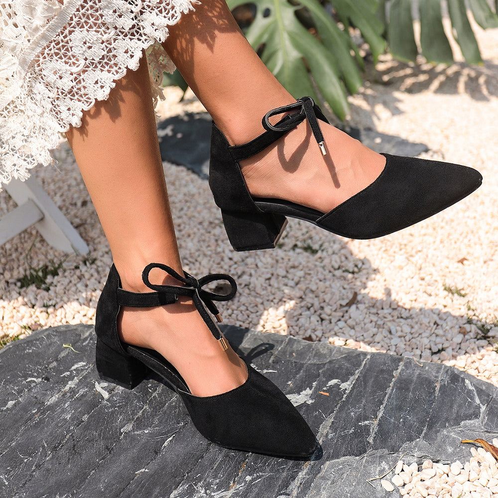 Fashionelegant pointed thick medium heel flats2026 new arrivalslimming lookeasiest for match suede straps pure color breathable women's shoes