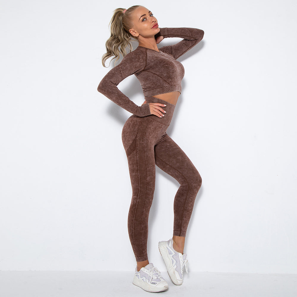 European and american new seamless washed smiley face yoga set - activewear long sleeve top and butt-lifting yoga pants two-piece set