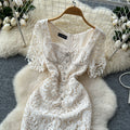 High-end women's summer dress : french chic, diamond-embellished square neck, cinched waist, short sleeve, lace bodycon maxi dress