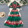French riviera style printed short-sleeve pleated dress - women's summer v-neck, cinched waist, tie-up maxi dress - high-end, slimming fit
