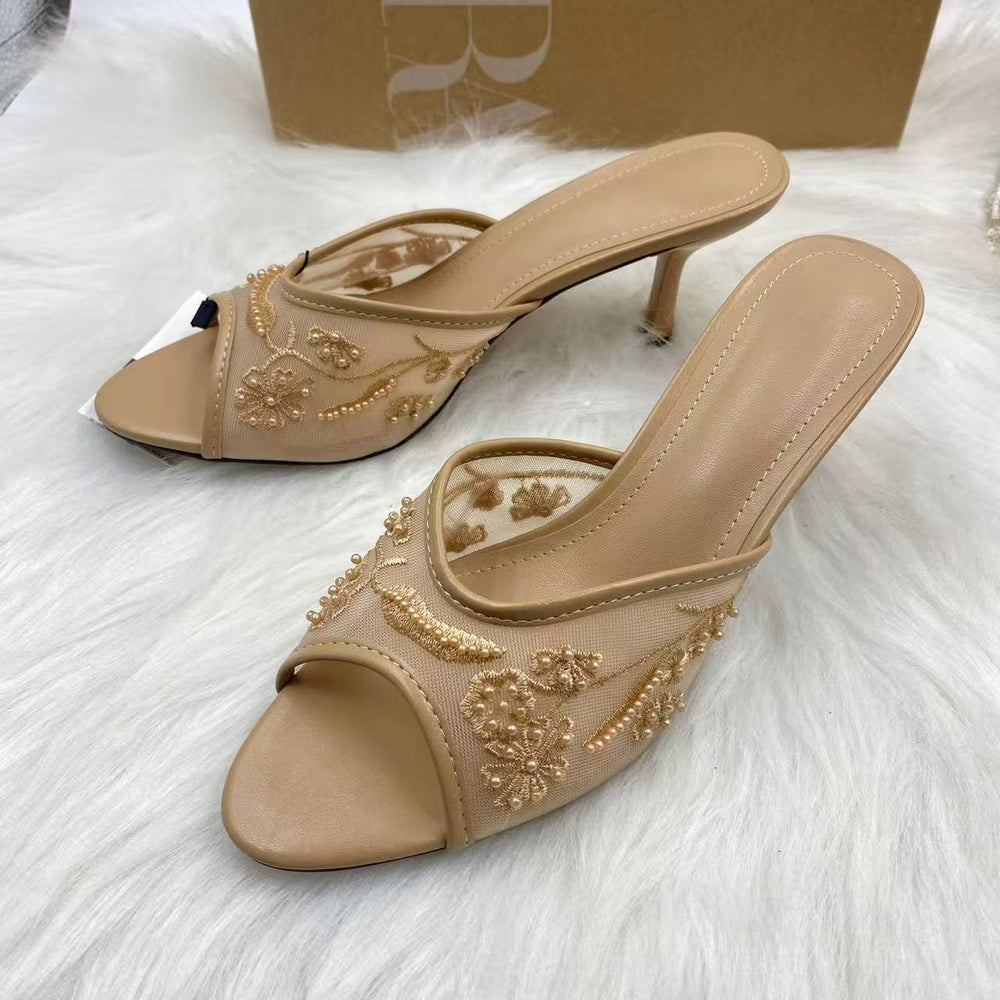 Za 2024 autumn new arrival back strap fashion stiletto heel peep-toe embroidered beaded mesh sandals women's trendy