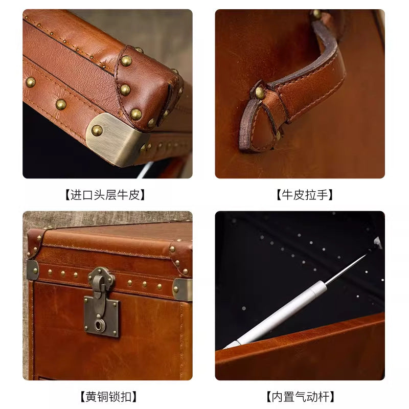 Second-hand style retro oil wax leather suitcase coffee table table old-fashioned creative genuine leather side table corner bedside table storage cabinet