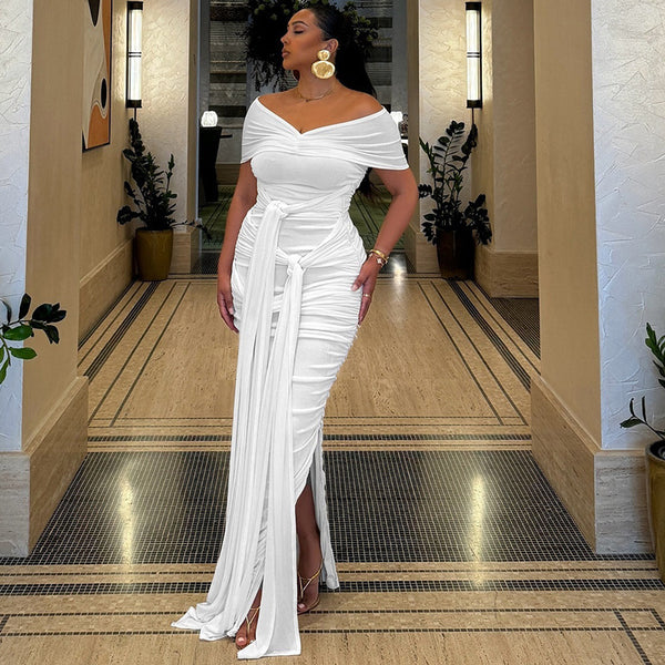 Foreign trade women's clothing European and American style ins sexy solid color dress one-word collar off-the-shoulder streamer temperament split skirt dress
