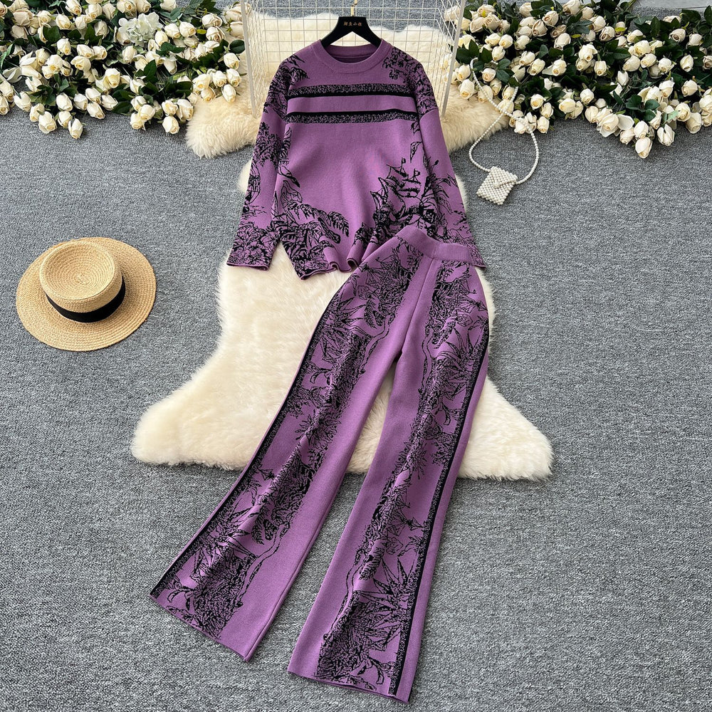 European and american style women's fashion set: chic and versatile round neck long sleeve jacquard knit sweater top with high-waisted casual wide-leg pants