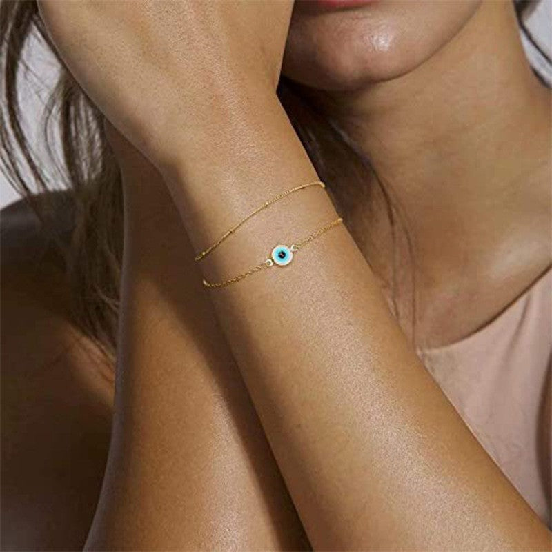 European and american cross-border adjustable layered bracelet cute evil eye oval chain pearl strip turtle gold bracelet for women