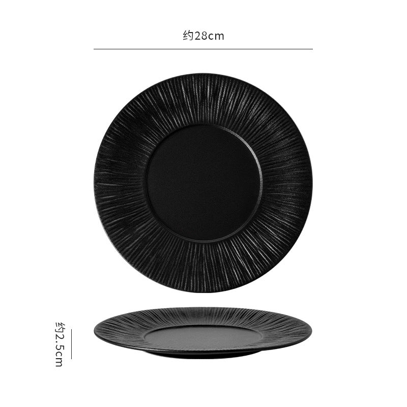 Nordic minimalist black and white ceramic steak plate - western dinner plate for restaurant, home, and hotel use - flat plate with unique creative presentation