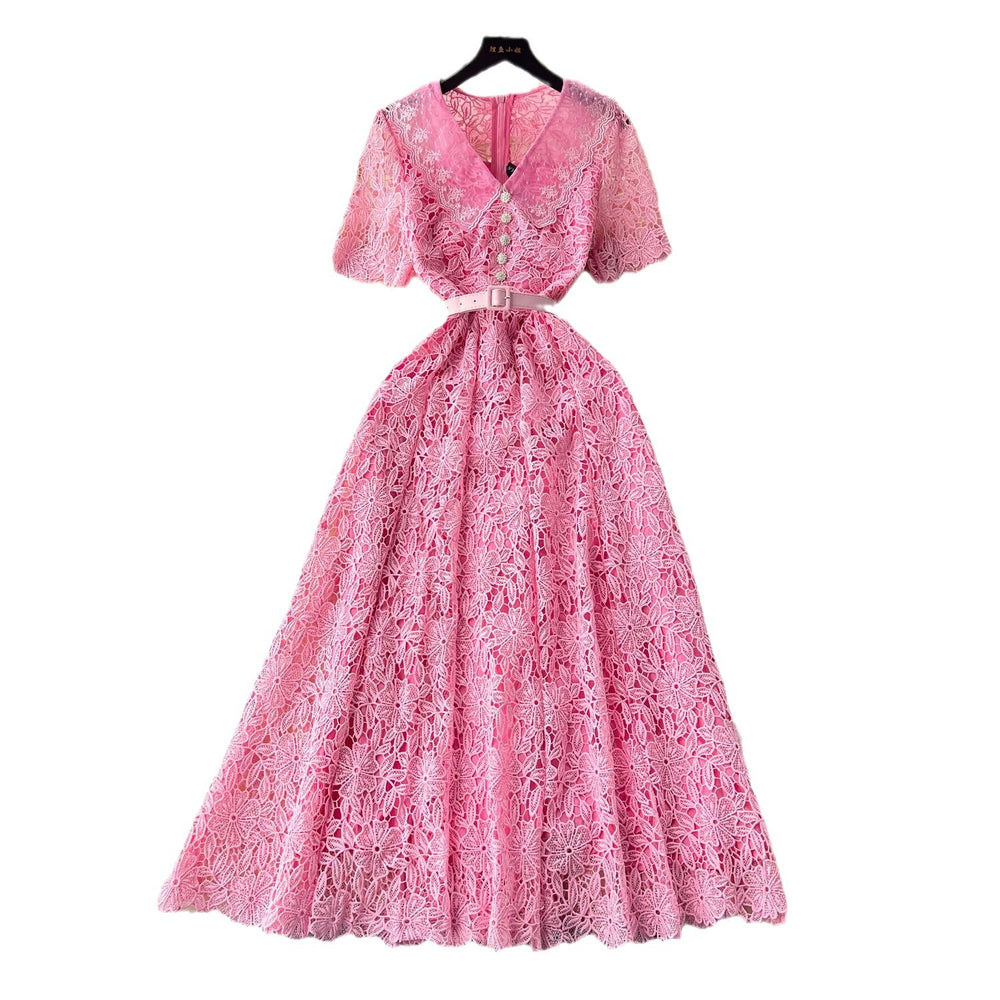 Xiaoxiangfeng dress women's frenchclassy sweet doll collar short sleeve waist slimming looklonglace dress