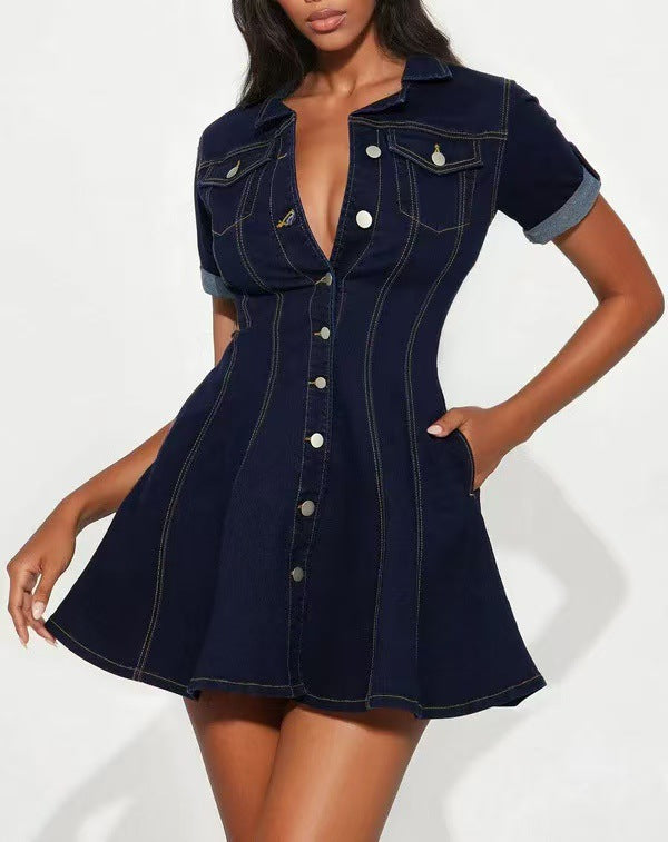 Fashion cross-border women's clothing  independent station fashion denim dress short-sleeved waist slimming look dress for women