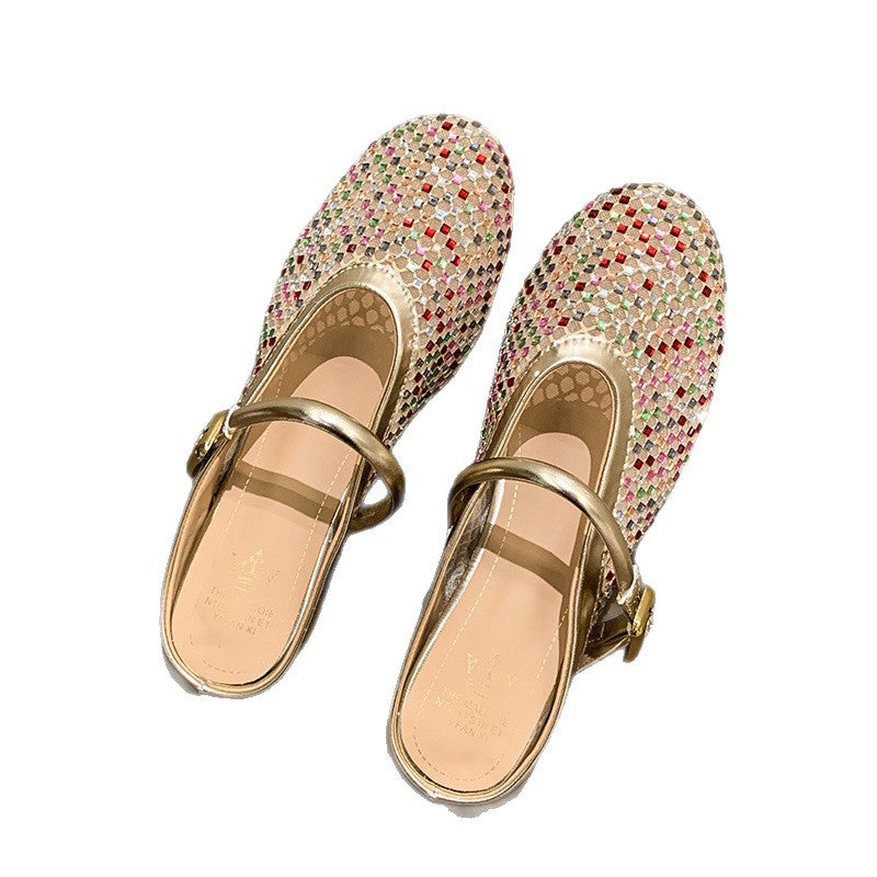 Simple summer 2025 new arrival plaid mesh cut out breathable toe shoes women's rhinestone home outwear one-word buckle cool