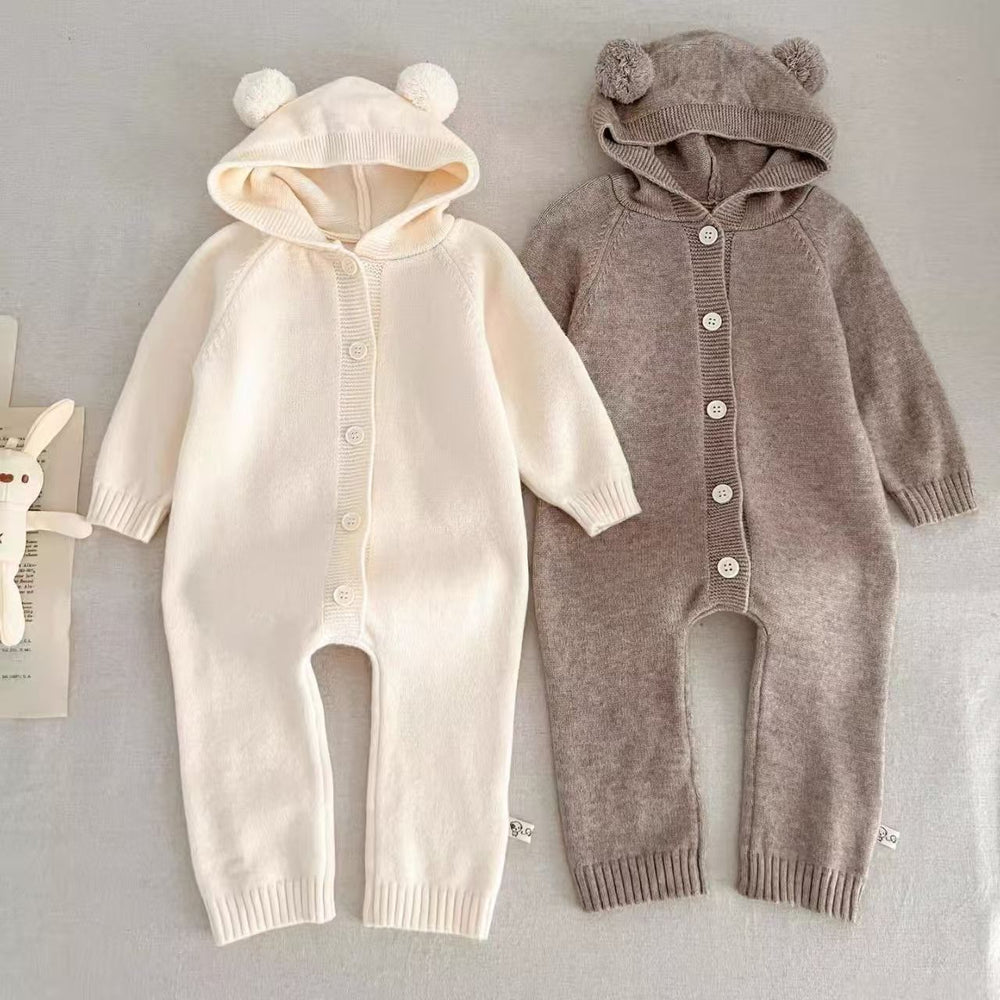 autumn newborn solid color romper cute baby knitted pom-pom hooded crawling suit