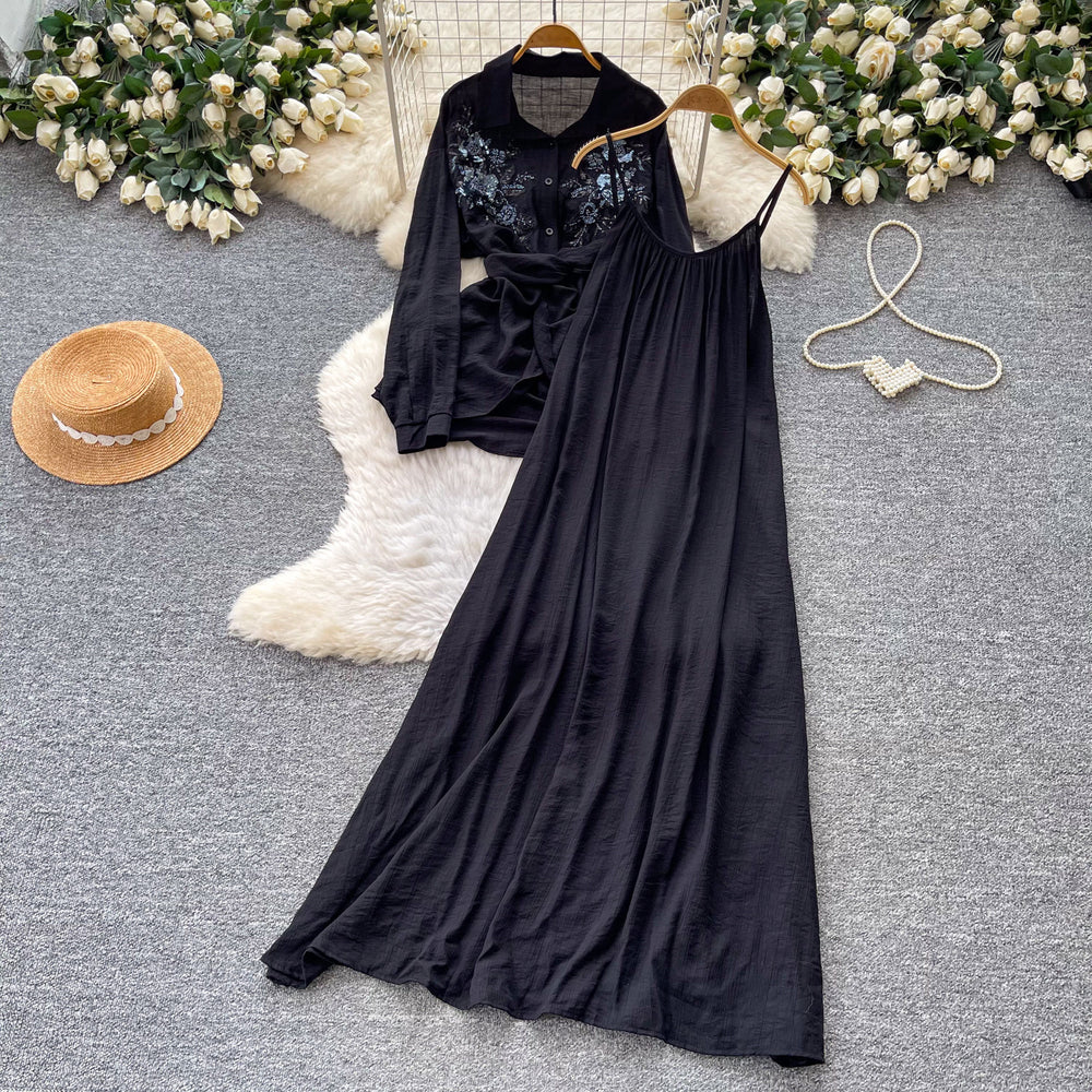 Gentle and lazy style embroidershirt suspender skirt two-piece set for women  spring autumslimming lookelegantfashionsuit