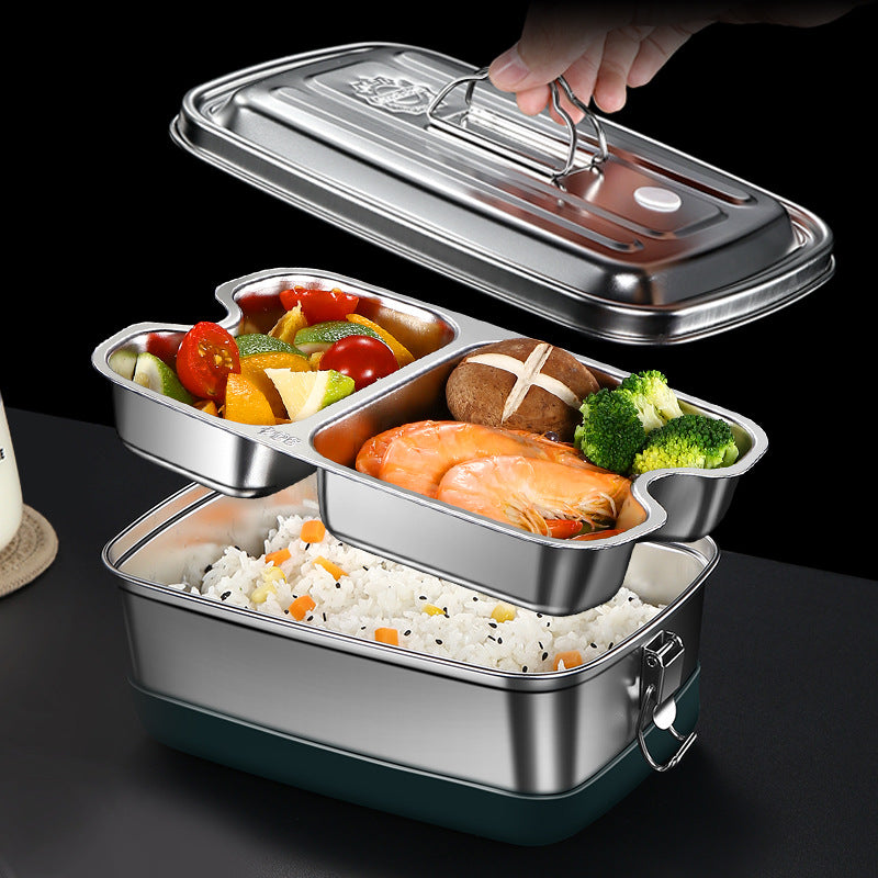 304 stainless steel heatable lunch box, kitchen sealed refrigerator storage crisper, silicone double-layer grid bento box