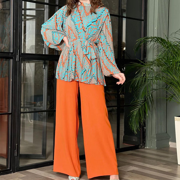 Spot European and American  women's clothing 2024 autumn fashion pleated temperament bubble sleeve shirt high waist wide leg pants set