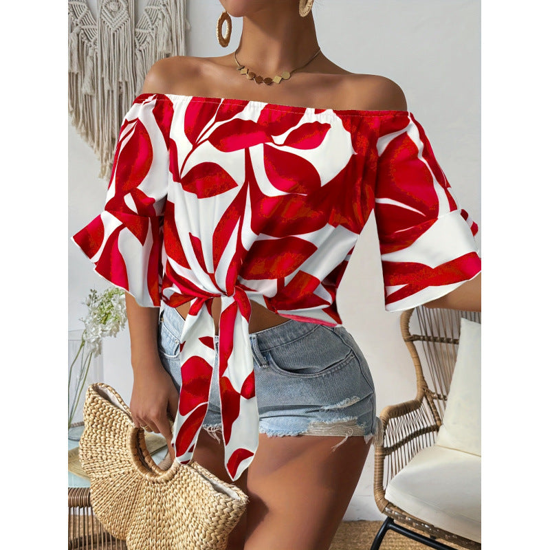 branded new women's hawaiian off-the-shoulder top, tropical party shirt, beach vacation top