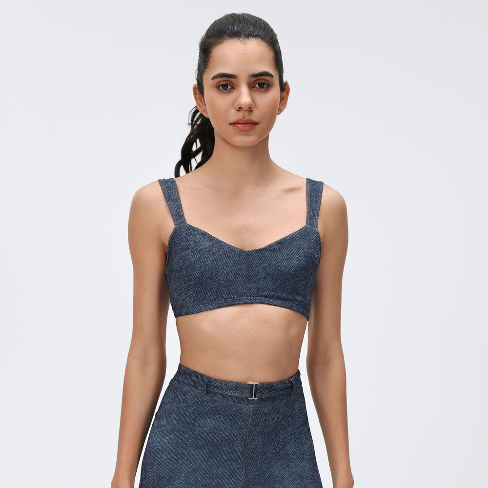 Vintage denim style sports bra high waist tight stretch running training fitness pants sports yoga suit women
