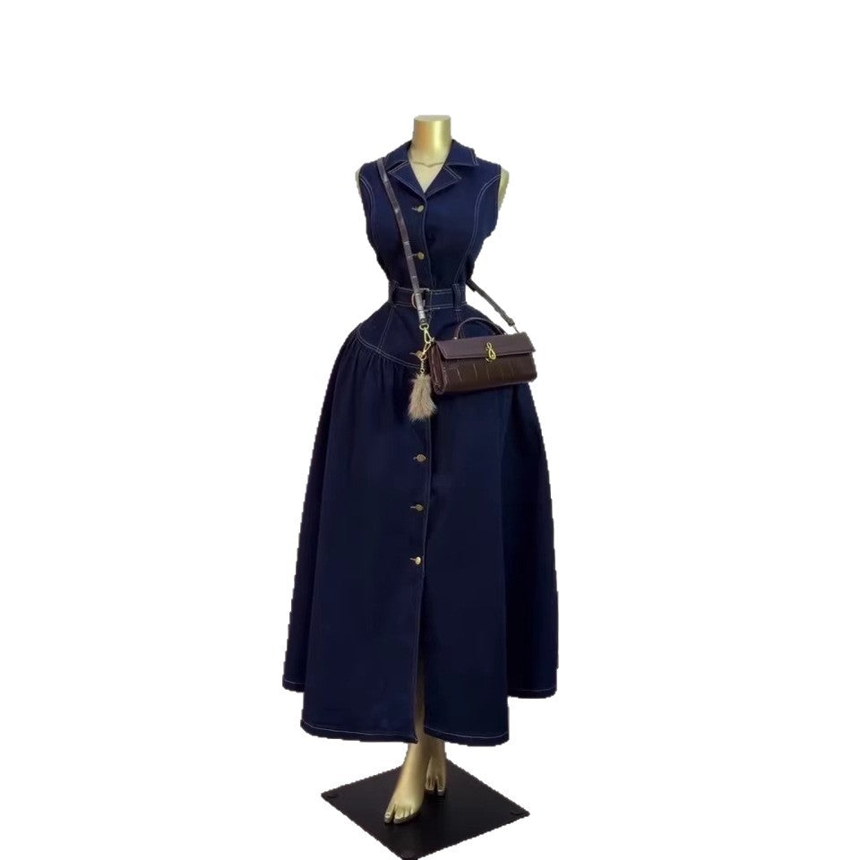 European and american cross-border women's fashion:  summer new arrival - elegant lapel, button-down, tie-waist, long denim dress