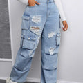 Amazon  fashionplus size women's casual loose workwear pants american high street multi-flap pocket pants jeans
