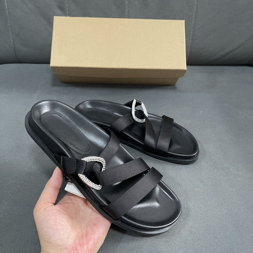 Spain 2024 summer new one-strap open-back women's shoes black rhinestone embellished flat round-toe european and american sandals