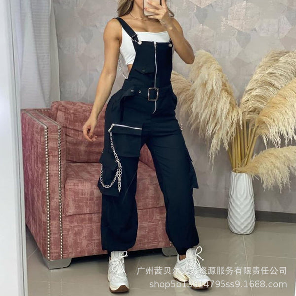 Spot 2022 Cross-border Women's Clothing European and American Black Zipper Overalls - Belt