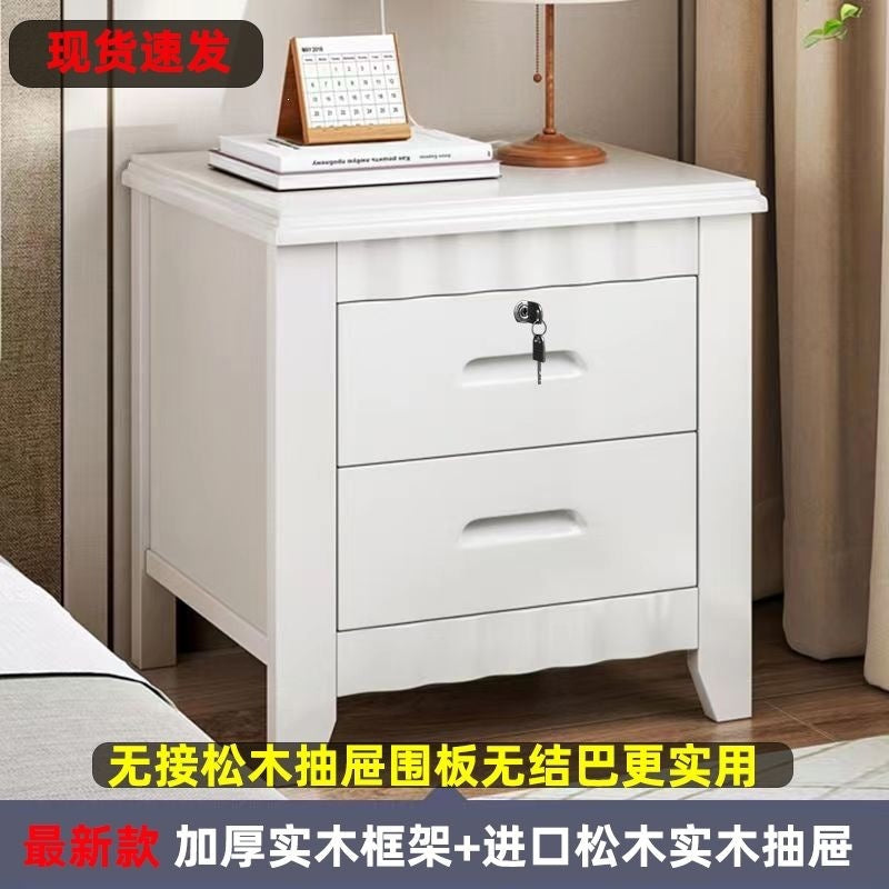 Solid wood bedside table for home bedroom, lockable storage cabinet, small rental room bedside storage chest, no assembly required
