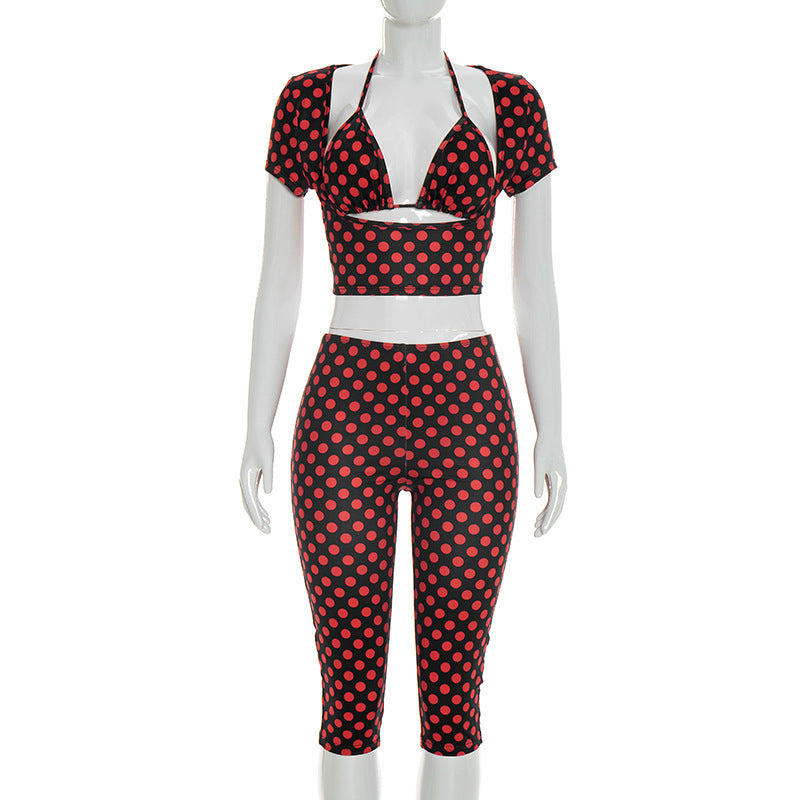 Women's foreign trade  fashion european and american style hot selling sexy sleeveless dot print three-piece set  summer new arrival