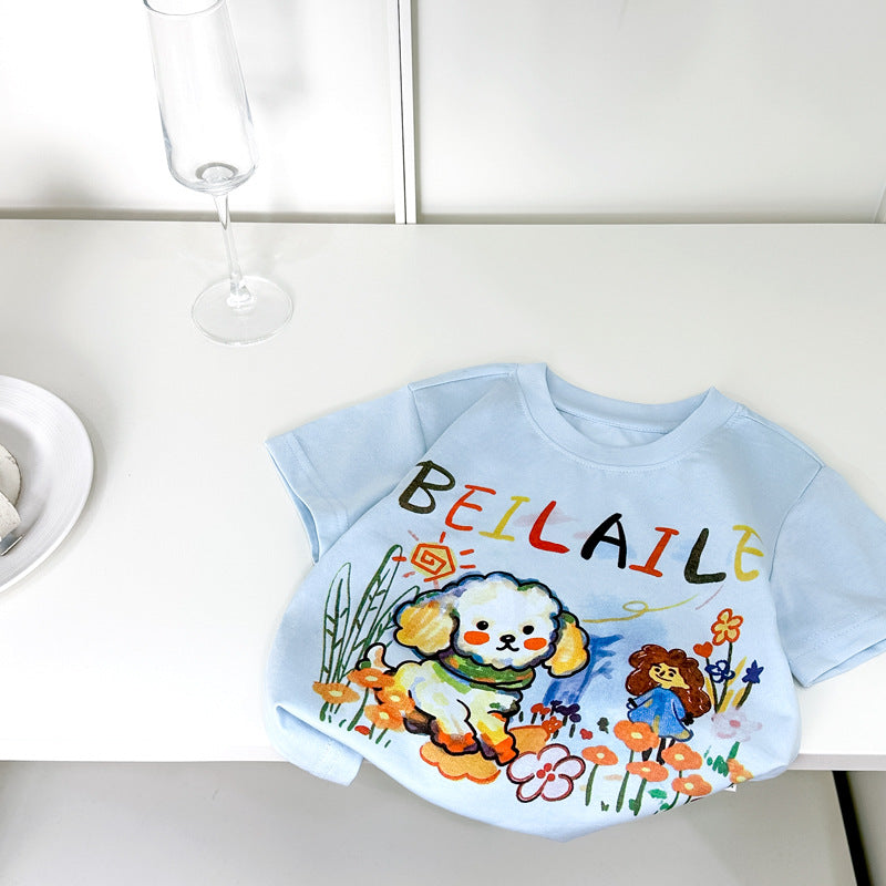 Boys and girls new arrivalsummertopskids cartoon animal short-sleeved t-shirt baby girl k-style foreign style clothes in stock