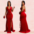C7156 cross-border   fashion women's halter neck sleeveless sexy slit maxi dress new
