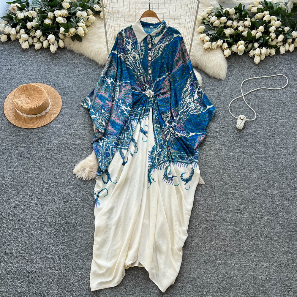Vacation style printingpatchworkclassy new arrivaldress women's waist slimming look large swing long skirt work clothingelegant skirt