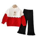 Girls' knitted sweater two-piece set: round neck, handmade floral detail, autumn/winter  new collection, pullover knitwear outfit for little girls