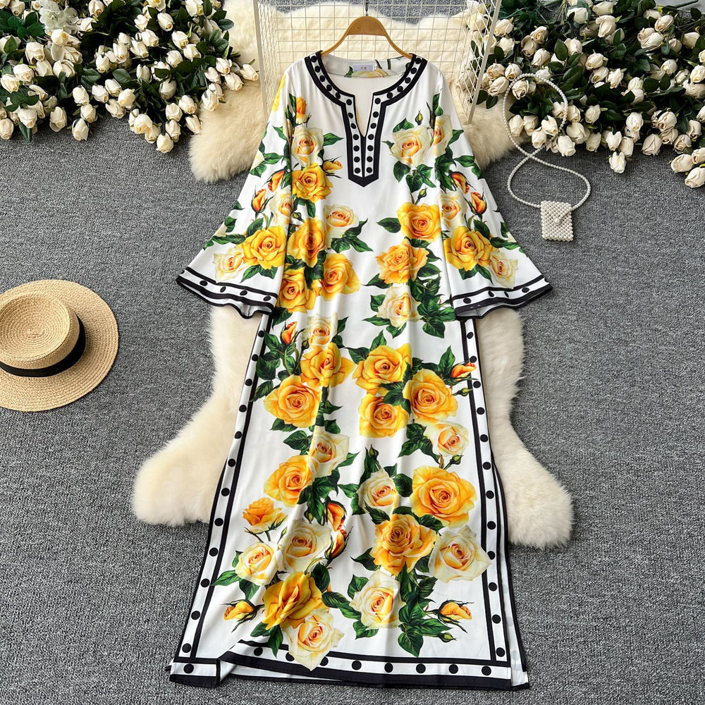 European and american style high-end flared long sleeve dress - women's luxury retro print round neck slit loose elegant maxi dress