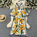 European and american style high-end flared long sleeve dress - women's luxury retro print round neck slit loose elegant maxi dress