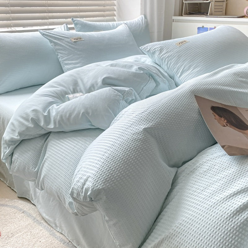 Solid color waffle four-piece wholesale ins polished bed sheet quilt cover Nantong quilt cover bed three-piece bed hat model