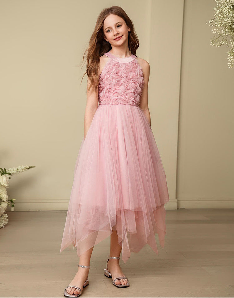 European and american style girls' formal dress - asymmetrical hem, spaghetti strap, openwork design - host/performance costume, children's princess dress