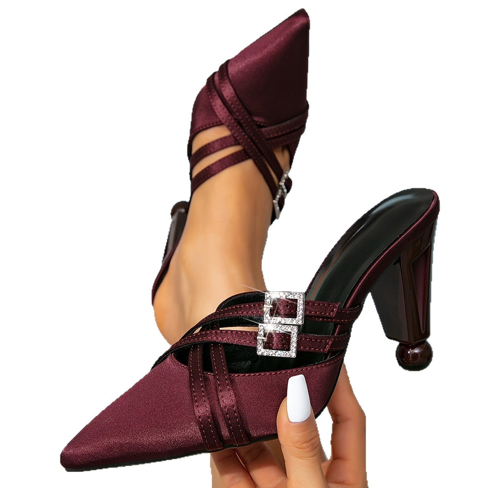 Women's burgundy high heels - party fashion, unique heel shape, pointed toe, decorative rhinestone buckle, high heel sandals, women's shoes