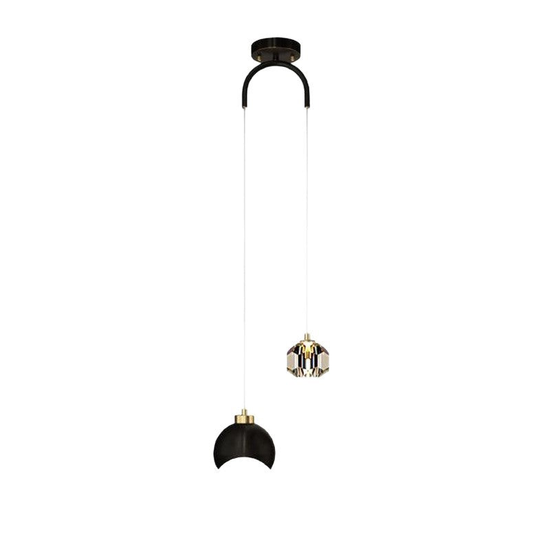 Modern minimalist black and gold half-round crystal pendant light - italian style bedside, bar, dining room, and hotel lighting fixture