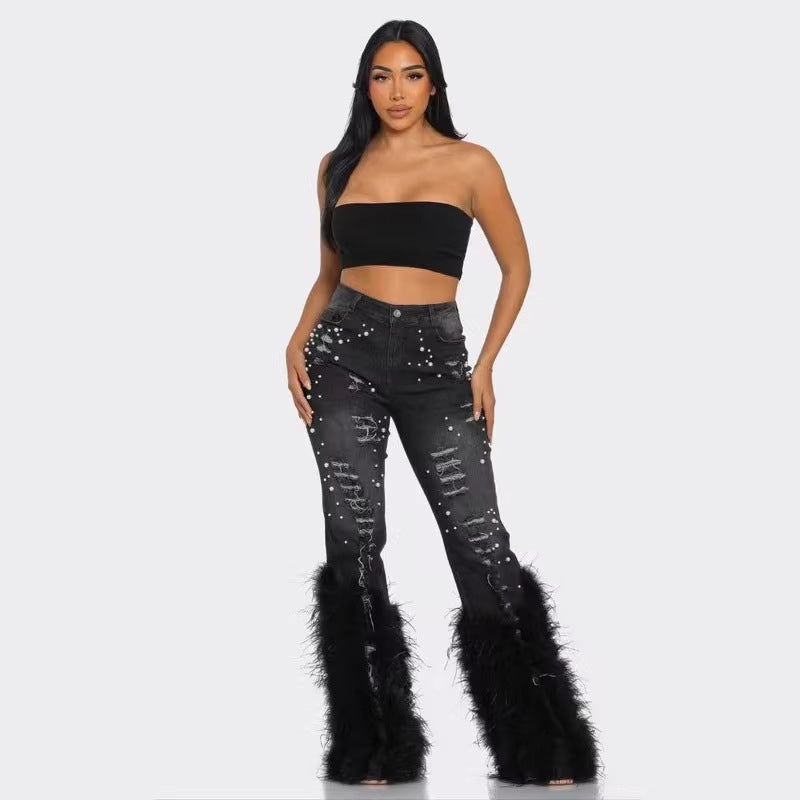 new european and american  cross-border  fashion casual denim jeans with beaded long fringe detail for women