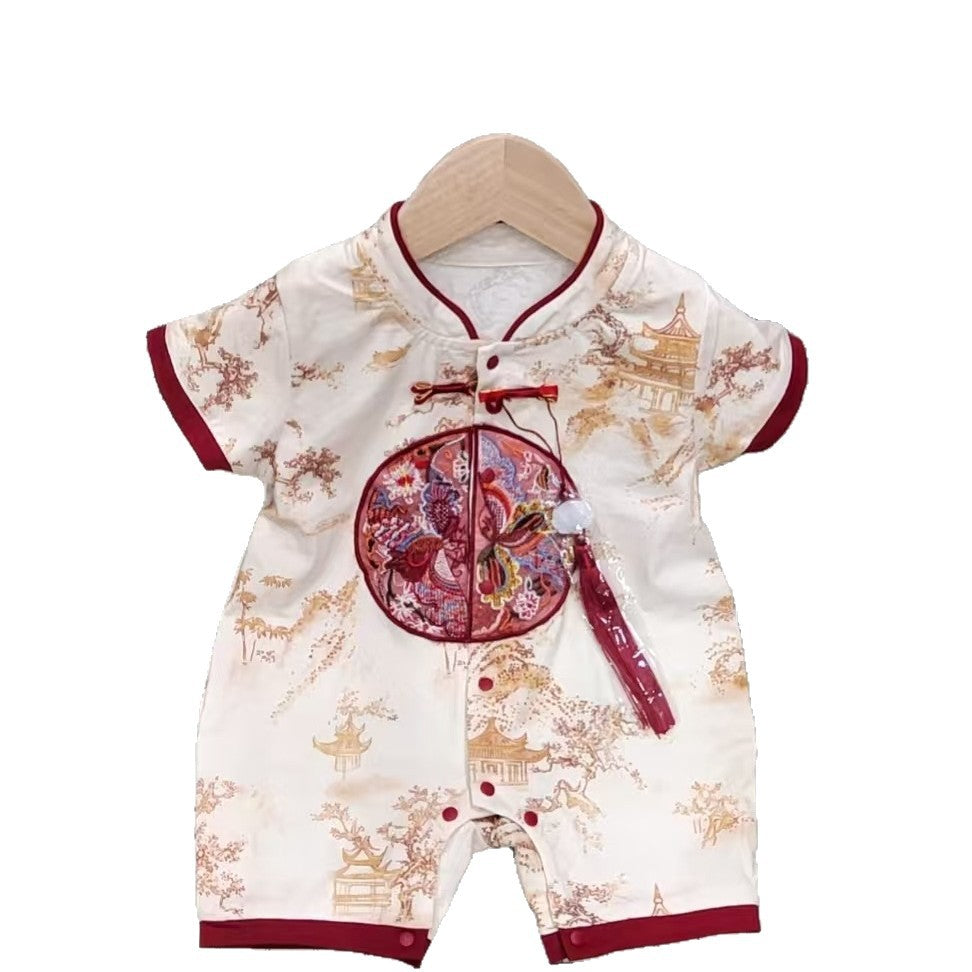 Summer thin one-piece new chinoiserie infant male and female baby chinese style heavy industry chinese ancient style khaki outwear crawling clothes summer