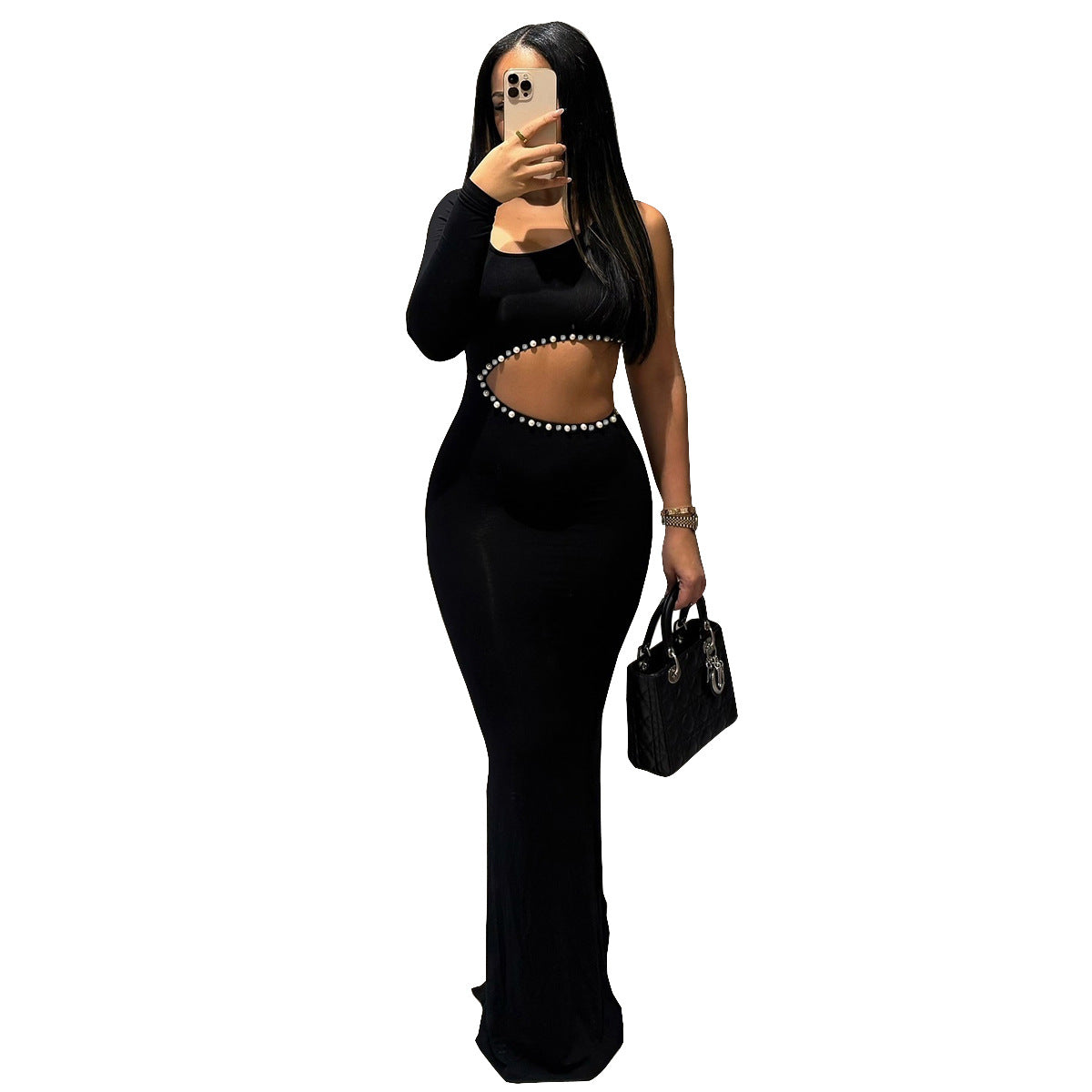 041825DB Freet 2025 summer new product personality trend exposed button drilling European and American unilateral sleeve dress women