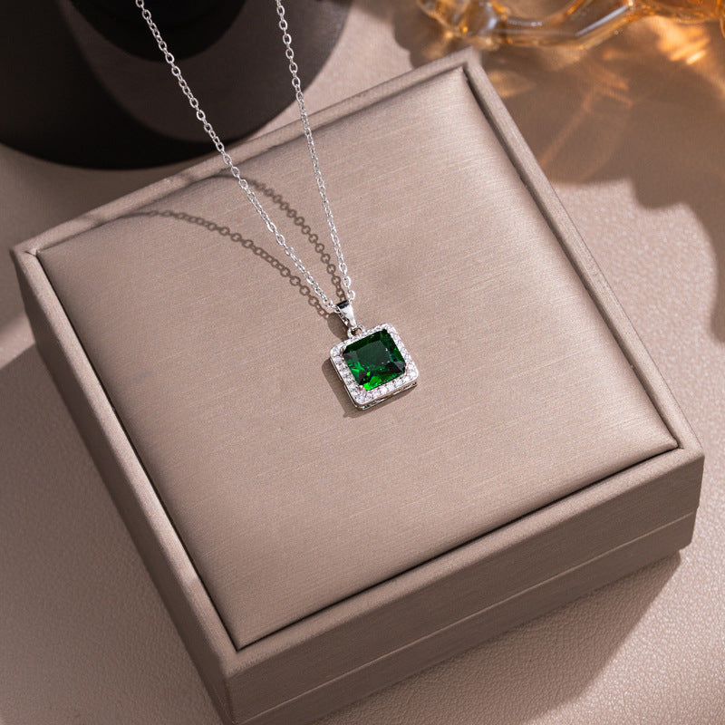 [titanium steel] emerald necklace women's square gemstone pendant earrings versatile high-end cross-border best selling clavicle chain