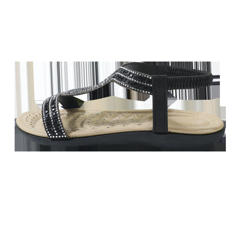 Flat bottom rhinestone & hotfix crystal roman sandals - women's 2025 summer new korean style plus size elastic band sandals
