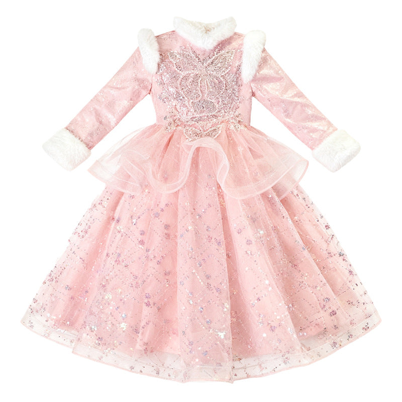 Girls' winter wedding dress, little girl's piano performance outfit, children's formal dress, fleece-lined thickened princess dress