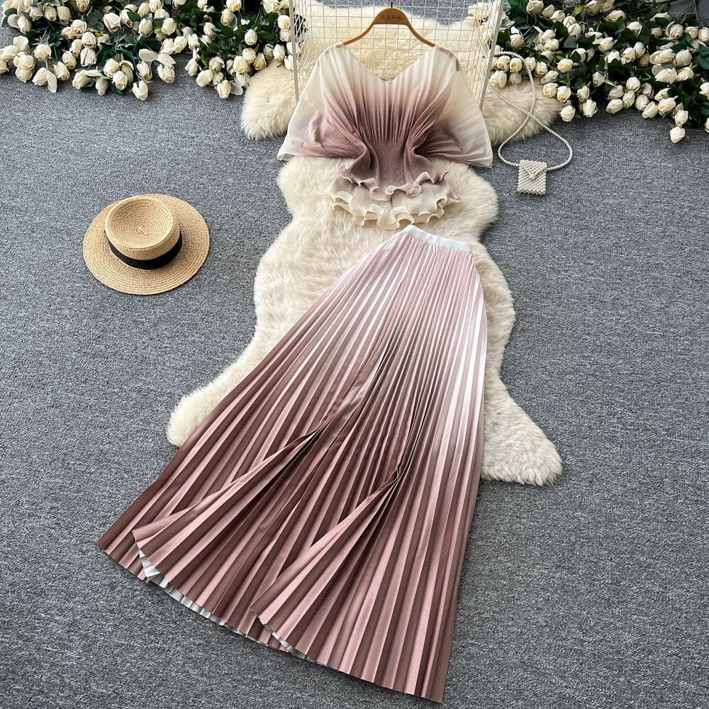 Dopamine dress gradient color pleated silmsuit women's summer waist slimming lookcardigan pleated skirt two-piece set work clothing