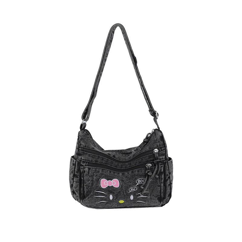 2025 new fashion versatile denim bag women's shoulder crossbody bag hello kitty casual travel canvas bag